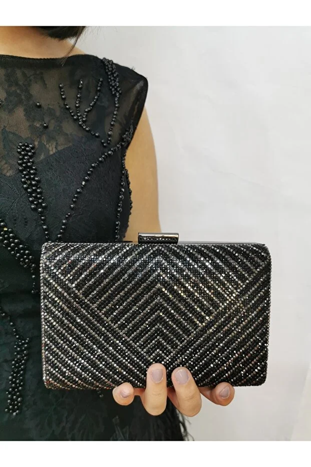 Kadın Siyah Taşlı Abiye Clutch Portföy El Gece Düğün Nişan Çantası